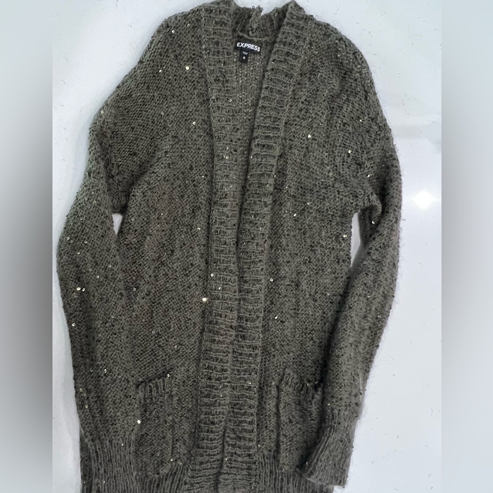 Express Dark Green Knitted Cardigan with Sequins - Size Small - Mohair Blend